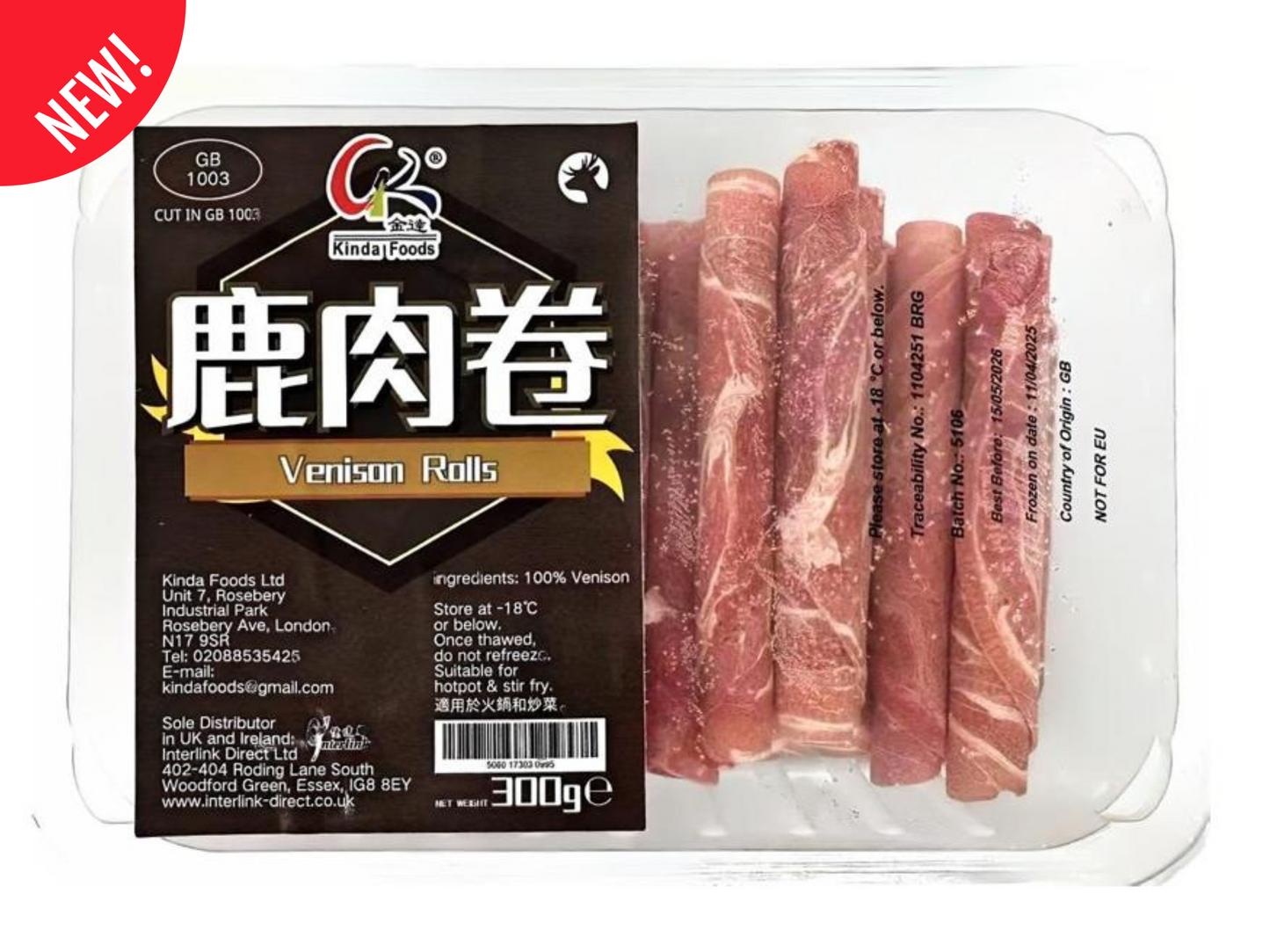 Kinda Venison Rolls 300g vacuum pack with sliced red deer meat rolls – perfect for hotpot or stir-fry