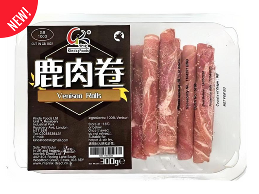 Kinda Venison Rolls 300g vacuum pack with sliced red deer meat rolls – perfect for hotpot or stir-fry